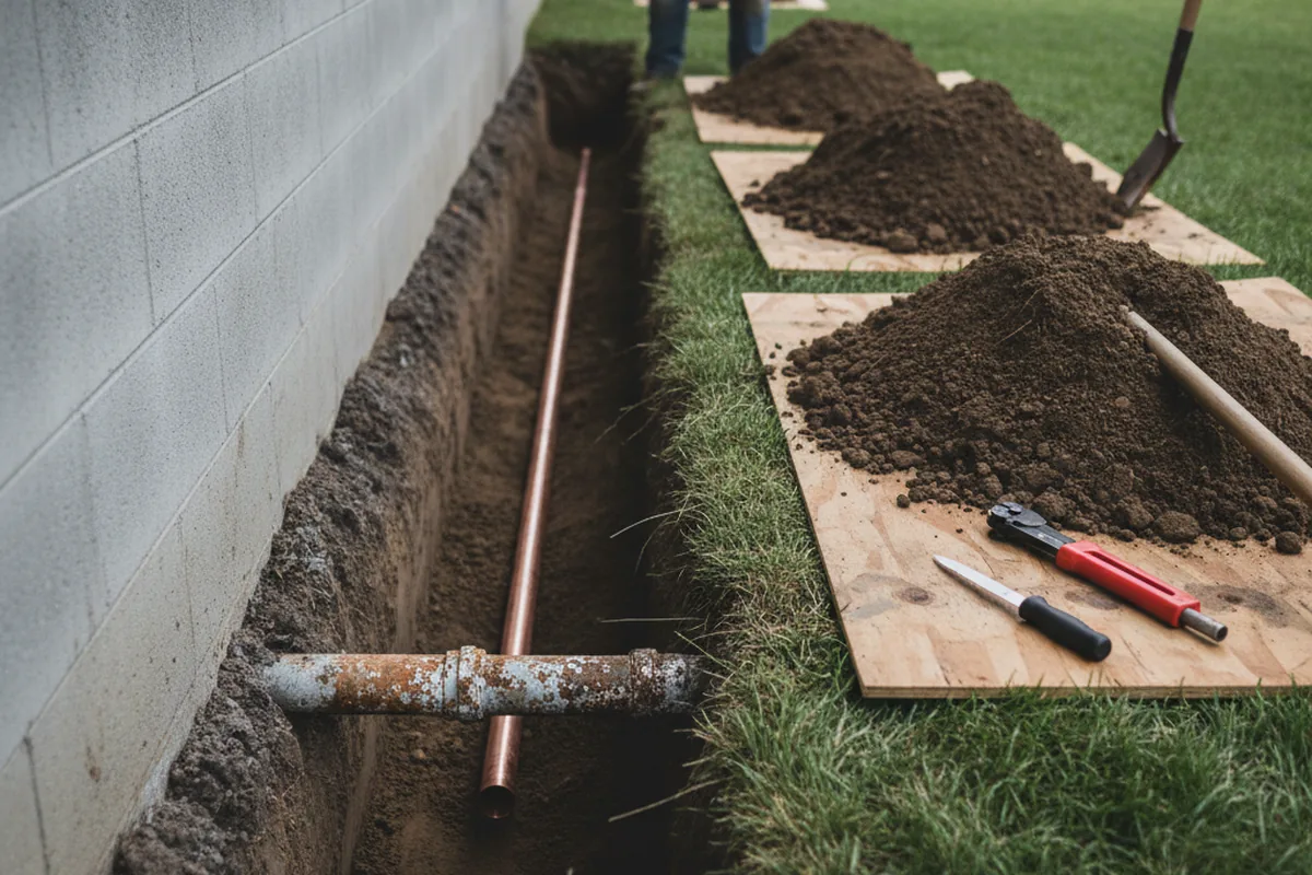 Excavated water line trench during Water Heater Repair in Lothian